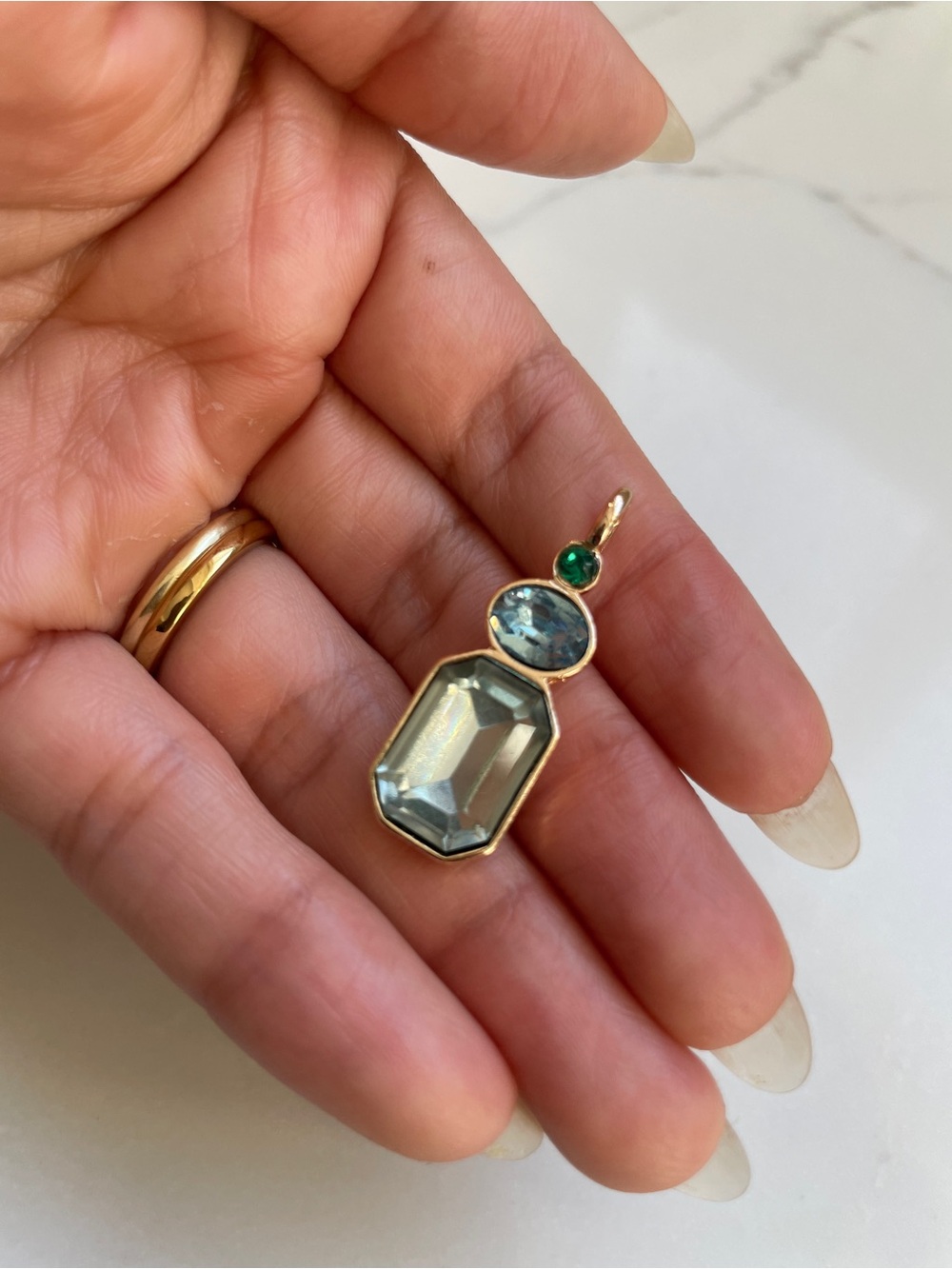 Vintage-Style Smoky Green Glass Resin Three-Stone Pendant, Gold Plated